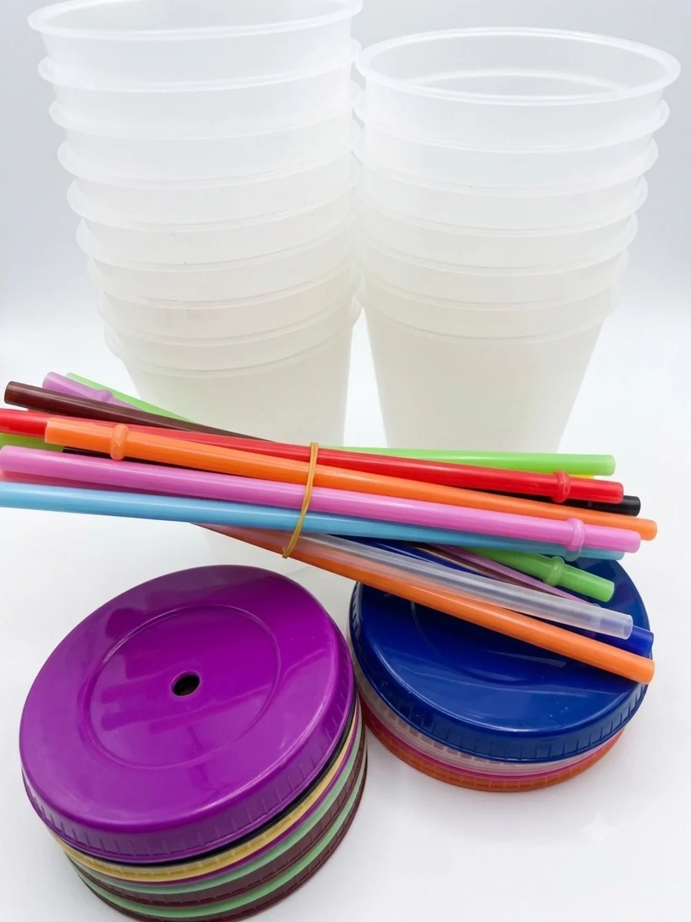 Reusable Party Cup Lids and Straws Set - Purple & Multicolor, lot of 15, NEW!